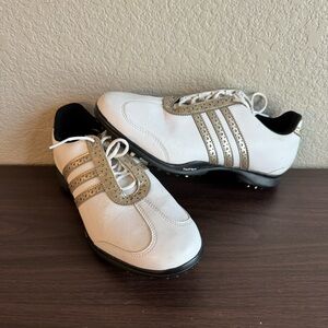 Womens Adidas Golf Shoes White and Gold‎ Three Stripe ThinTech Cleats